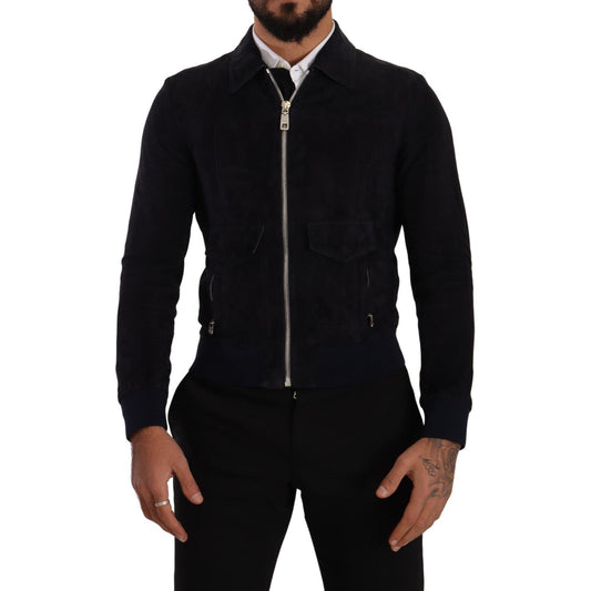 Dolce & Gabbana Elegant Blue Suede Short Jacket blue-suede-lambskin-leather-coat-jacket