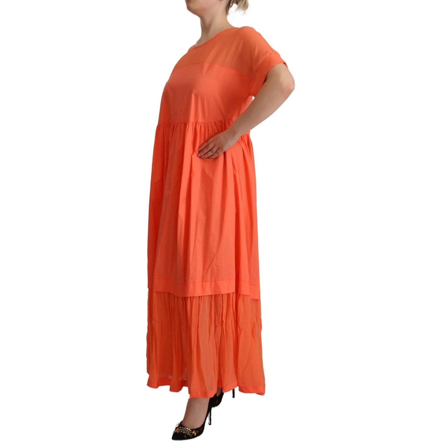 Twinset Elegant Coral Maxi Dress with Short Sleeves coral-cotton-blend-short-sleeves-maxi-shift-dress