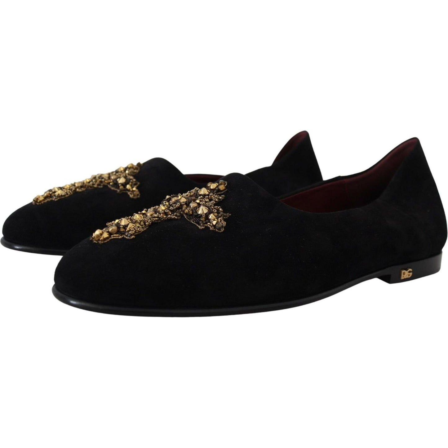 Dolce & Gabbana Black Gold Crystal Sequined Loafers black-suede-gold-cross-slip-on-loafers-shoes