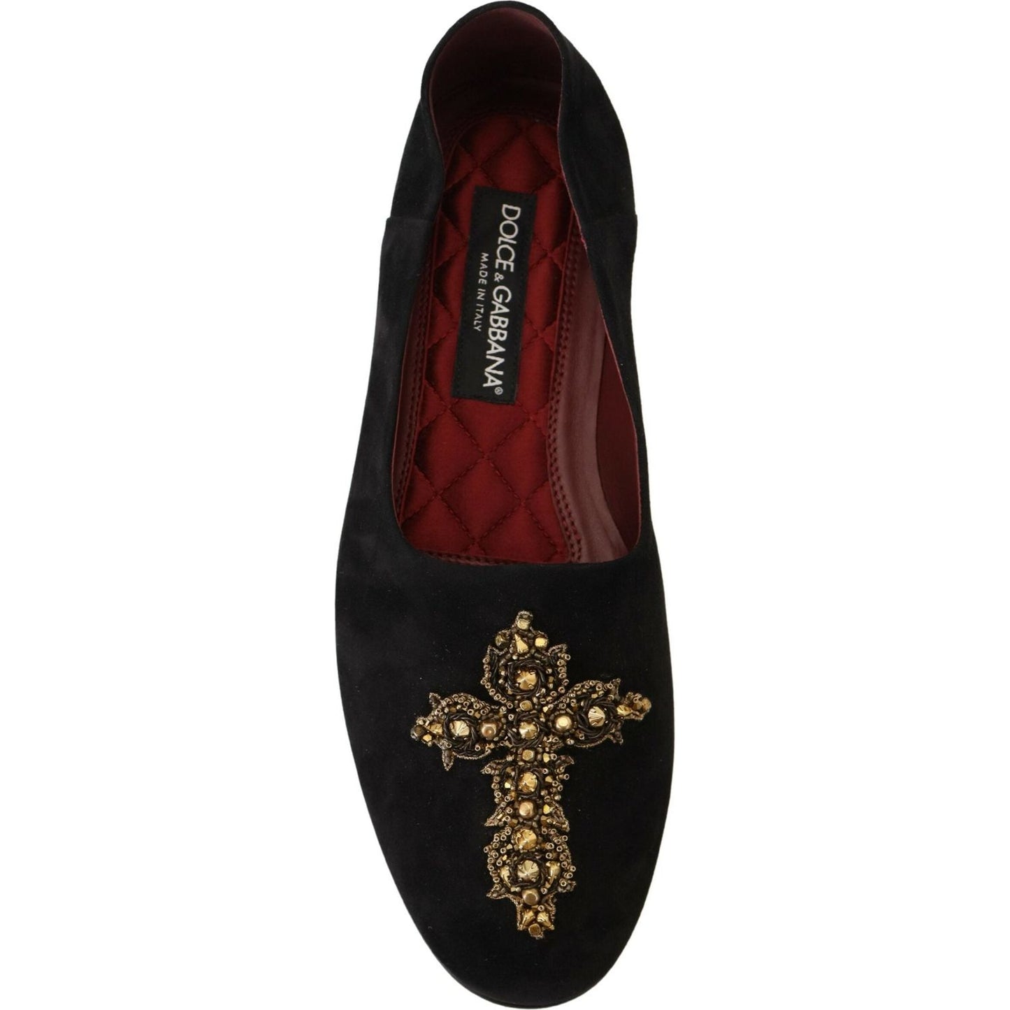 Dolce & Gabbana Black Gold Crystal Sequined Loafers black-suede-gold-cross-slip-on-loafers-shoes