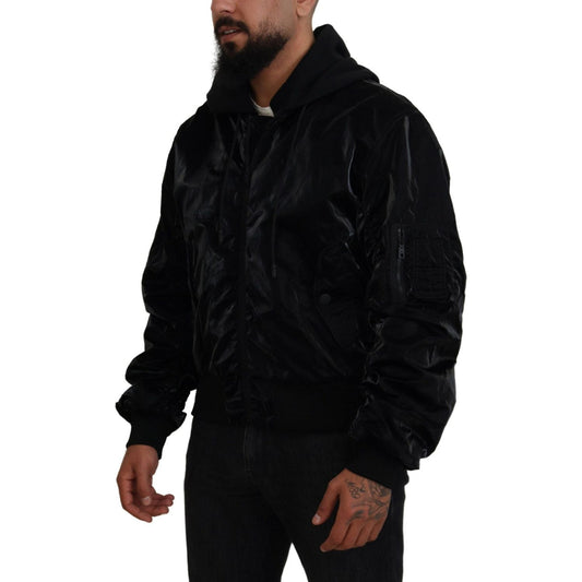Dolce & Gabbana Elegant Black Bomber Hooded Jacket black-nylon-hooded-full-zip-bomber-jacket