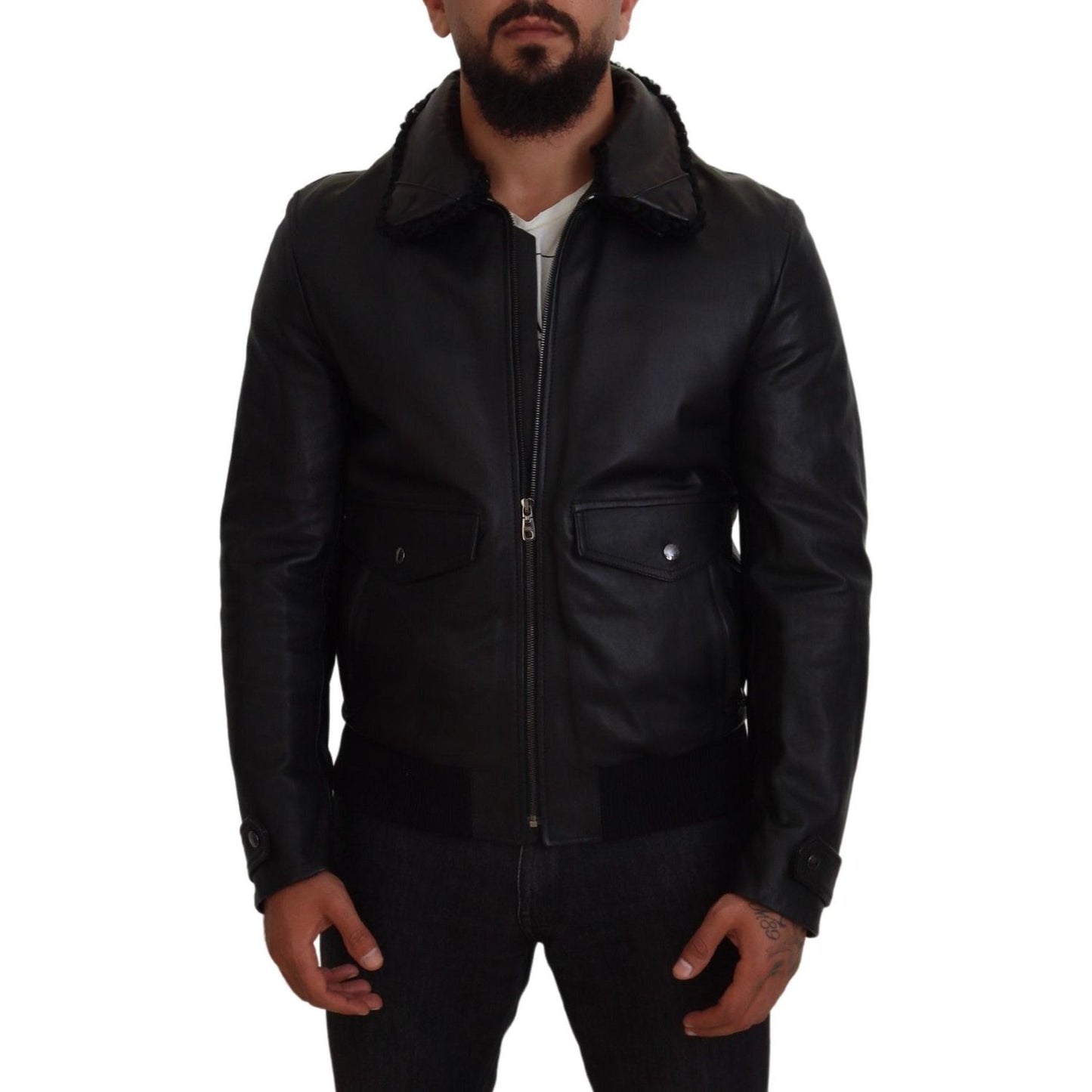 Dolce & Gabbana Chic Black Leather Silk-Lined Jacket black-lamb-leather-collared-men-coat-jacket