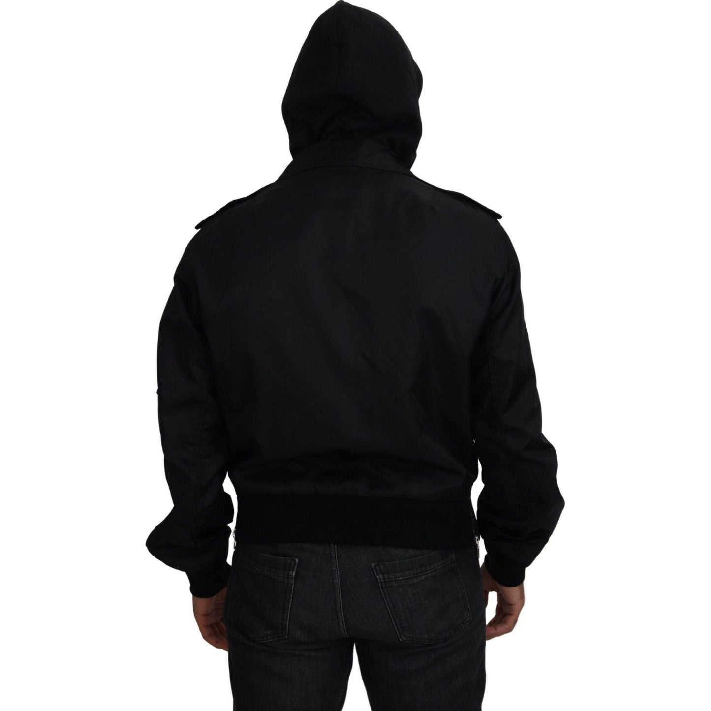 Dolce & Gabbana Sleek Black Hooded Bomber Jacket black-nylon-hooded-full-zip-men-coat-jacket-1