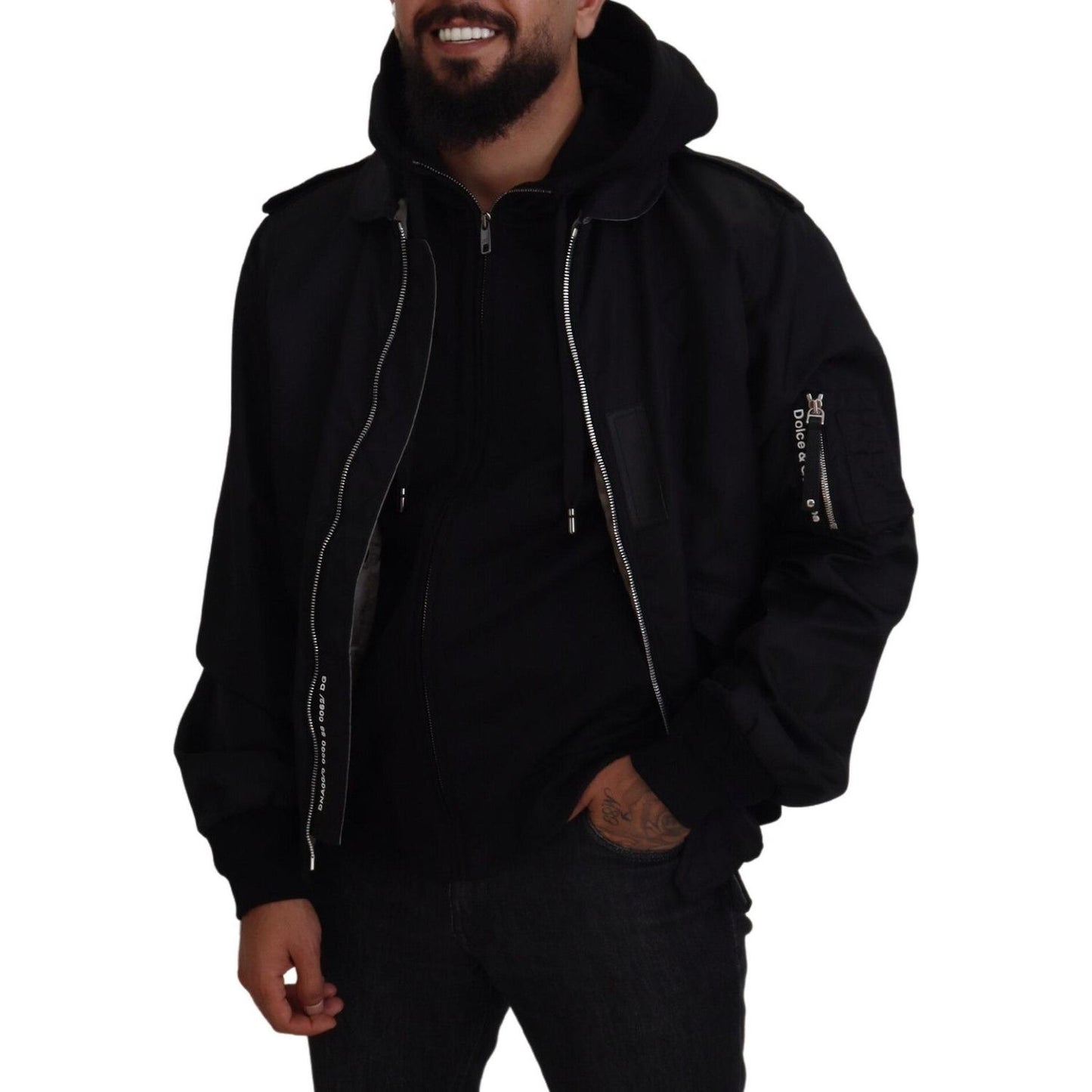 Dolce & Gabbana Sleek Black Hooded Bomber Jacket black-nylon-hooded-full-zip-men-coat-jacket-1