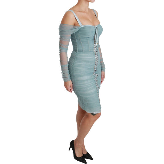 Elegant Blue Off Shoulder Silk-Blend Dress