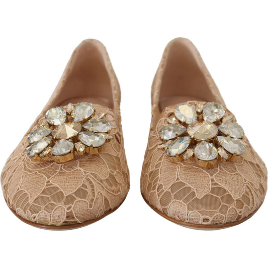 Elegant Beige Lace Vally Flats with Crystal Accent