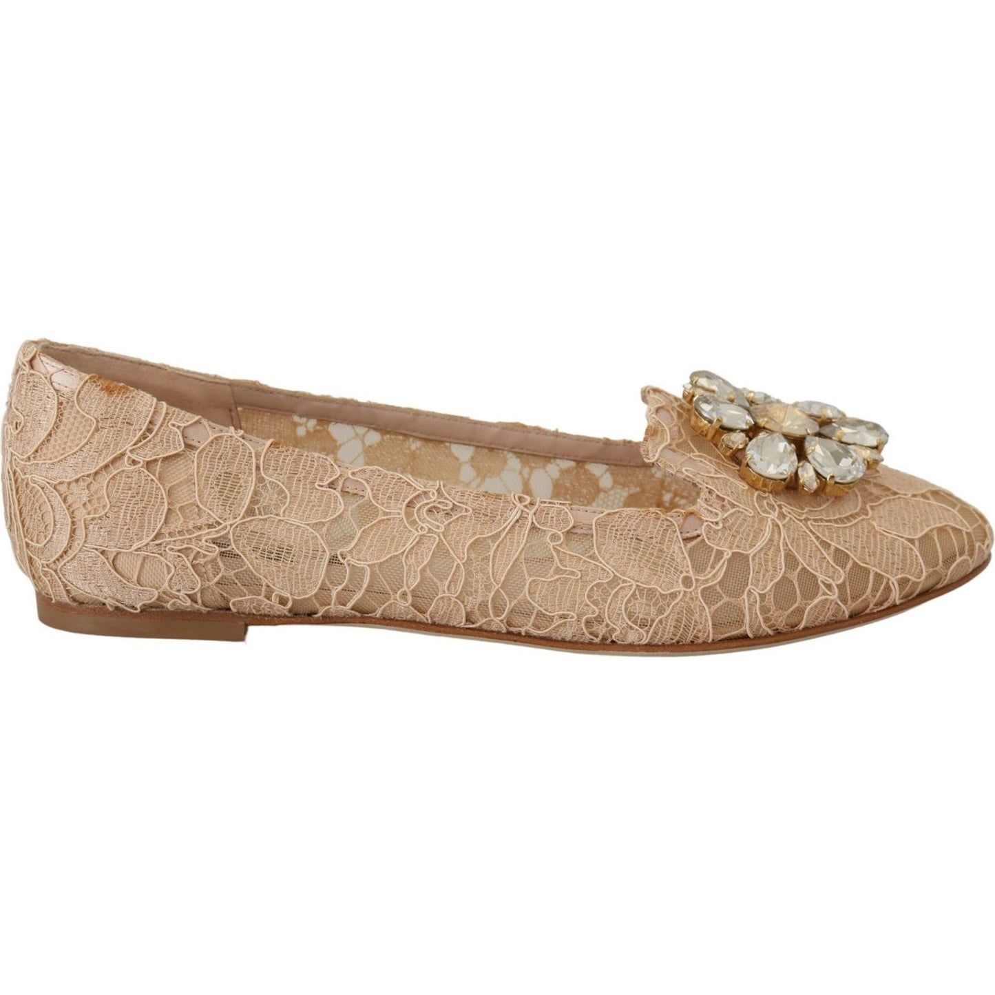 Dolce & Gabbana Elegant Beige Lace Vally Flats with Crystal Accent elegant-beige-lace-vally-flats-with-crystal-accent