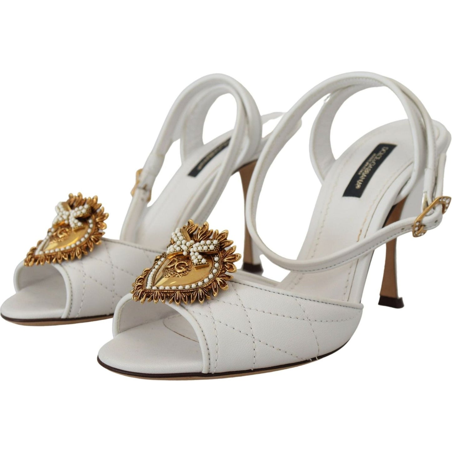 Dolce & Gabbana Devotion Embellished White Leather Stilettos white-devotion-embellished-sandals-shoes