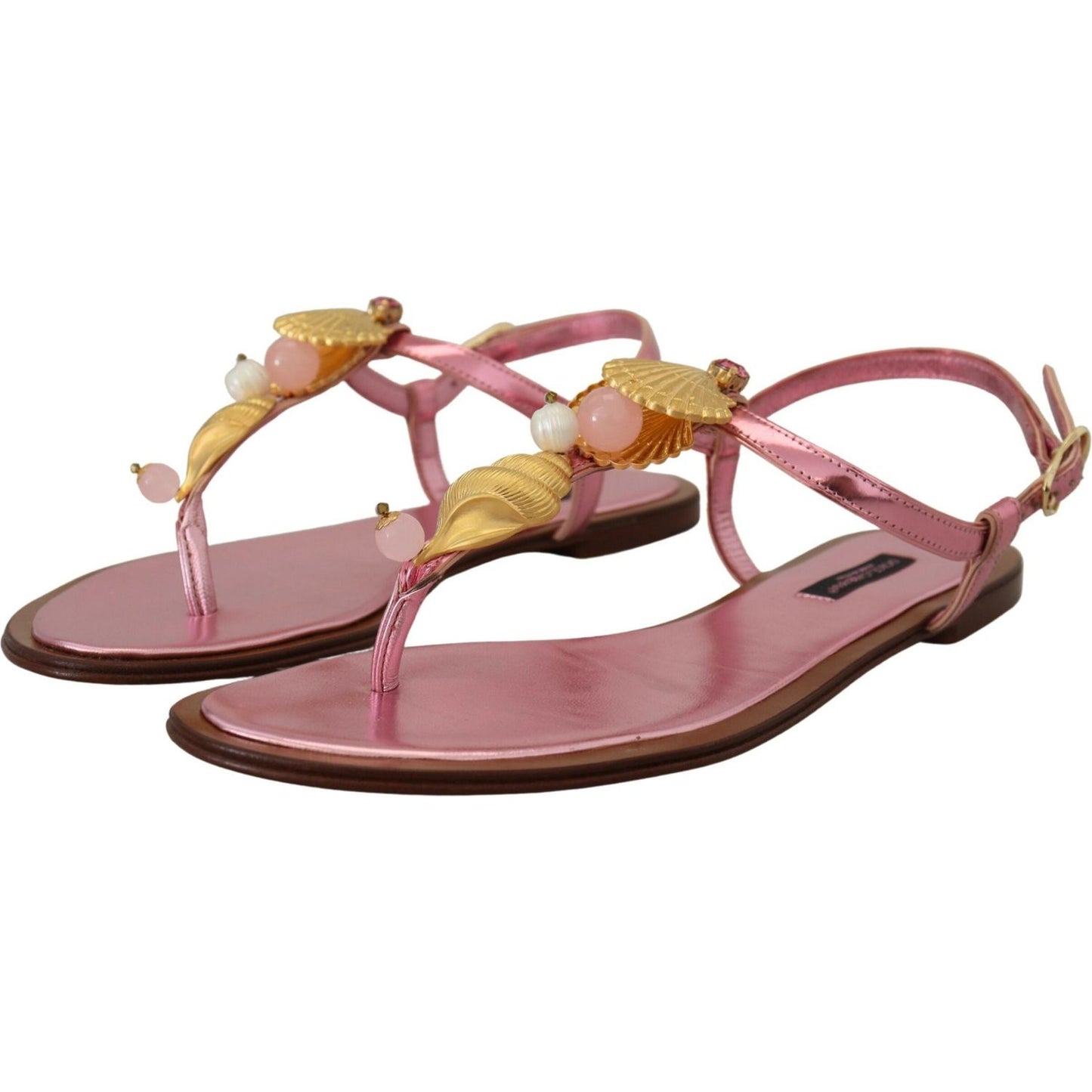Dolce & Gabbana Chic Pink Leather Sandals with Exquisite Embellishment pink-embellished-slides-flats-sandals-shoes