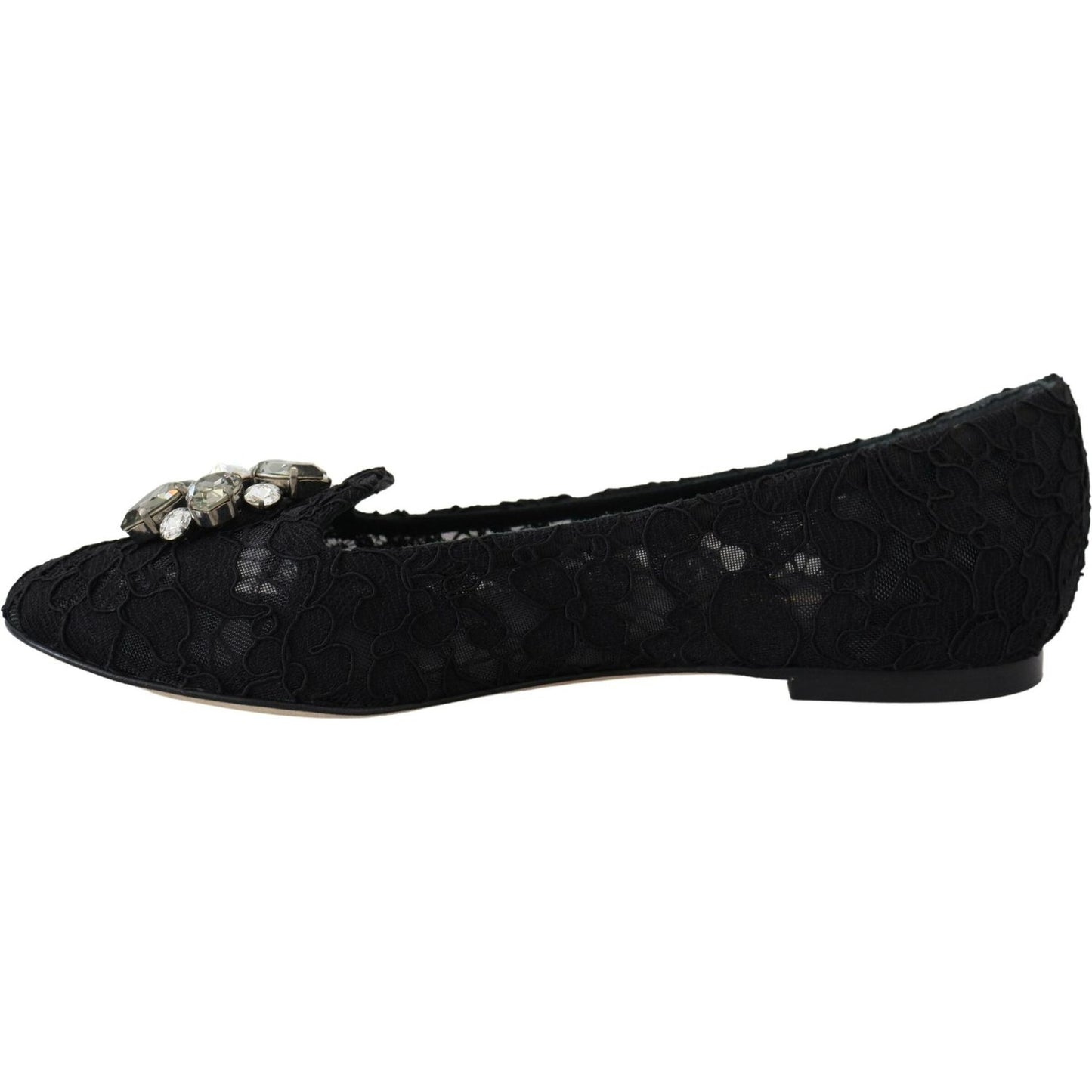 Dolce & Gabbana Elegant Floral Lace Flat Vally Shoes black-taormina-lace-crystals-flats-shoes