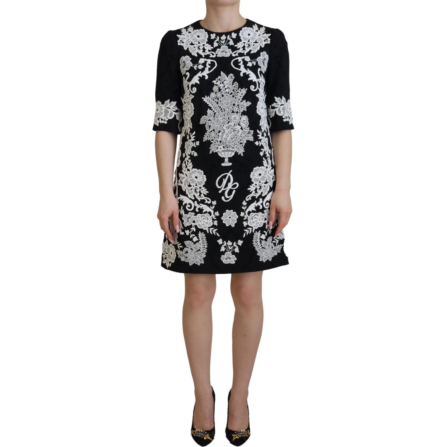 Dolce & Gabbana Elegant Black A-Line Mini Dress with Lace Trim black-lace-trim-half-sleeves-a-line-dress