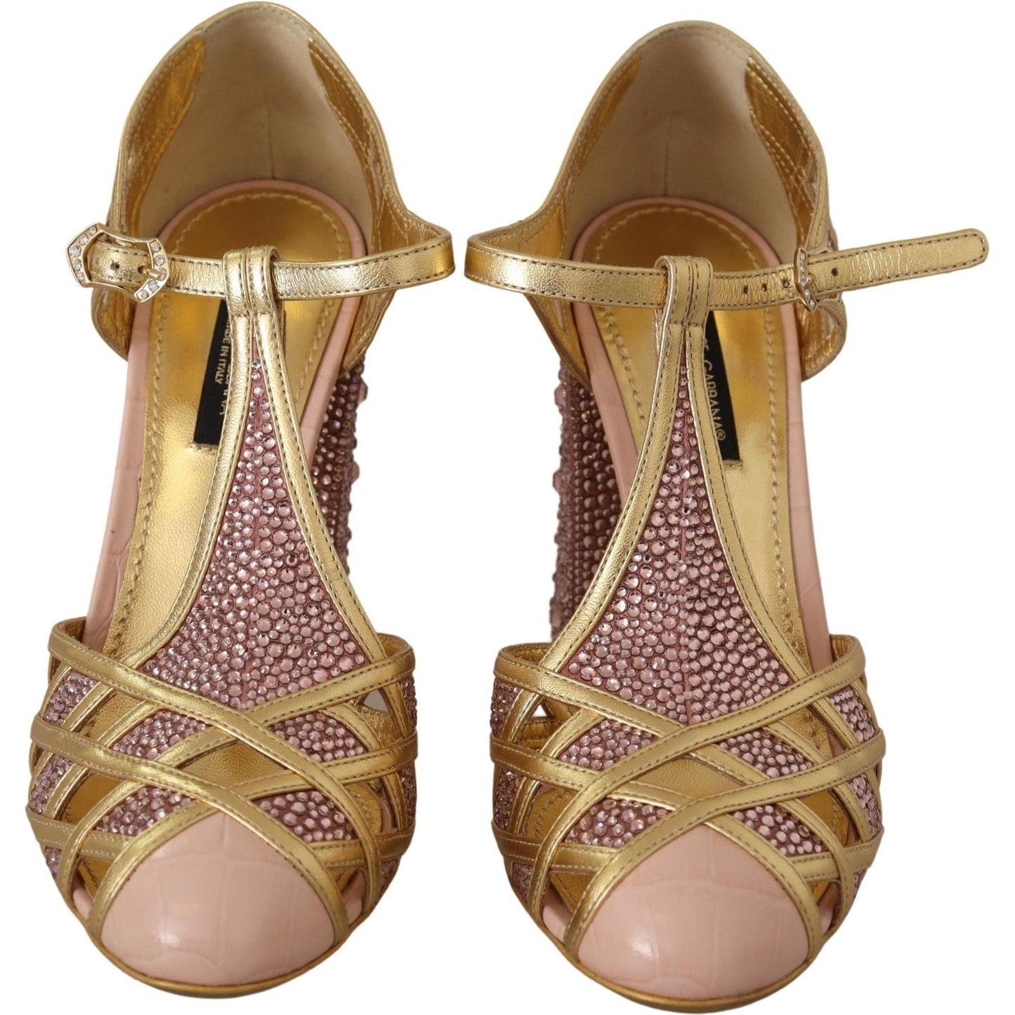 Dolce & Gabbana Silk-Infused Leather Crystal Pumps in Pink Gold pink-gold-leather-crystal-pumps-t-strap-shoes