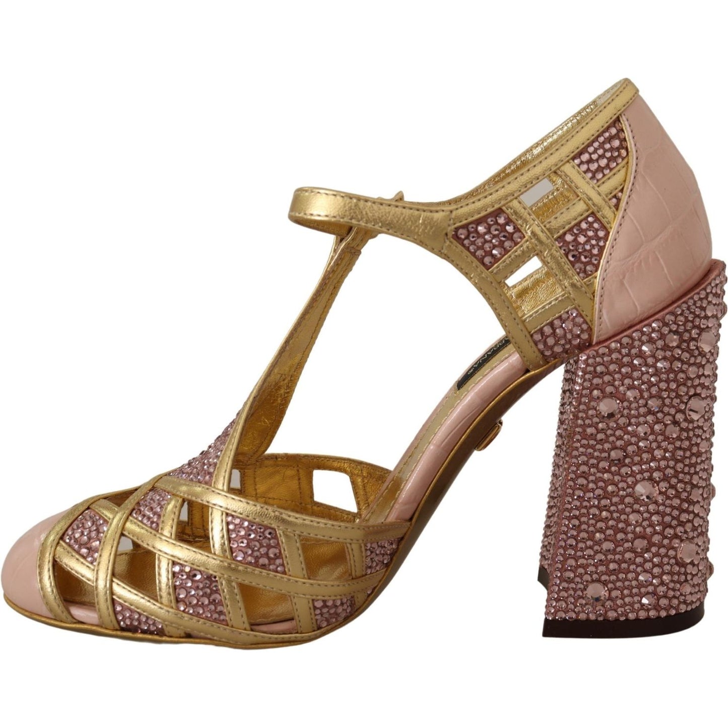 Dolce & Gabbana Silk-Infused Leather Crystal Pumps in Pink Gold pink-gold-leather-crystal-pumps-t-strap-shoes