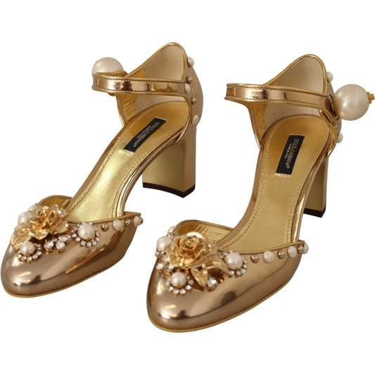 Elegant Gold Leather Block Heels with Crystals
