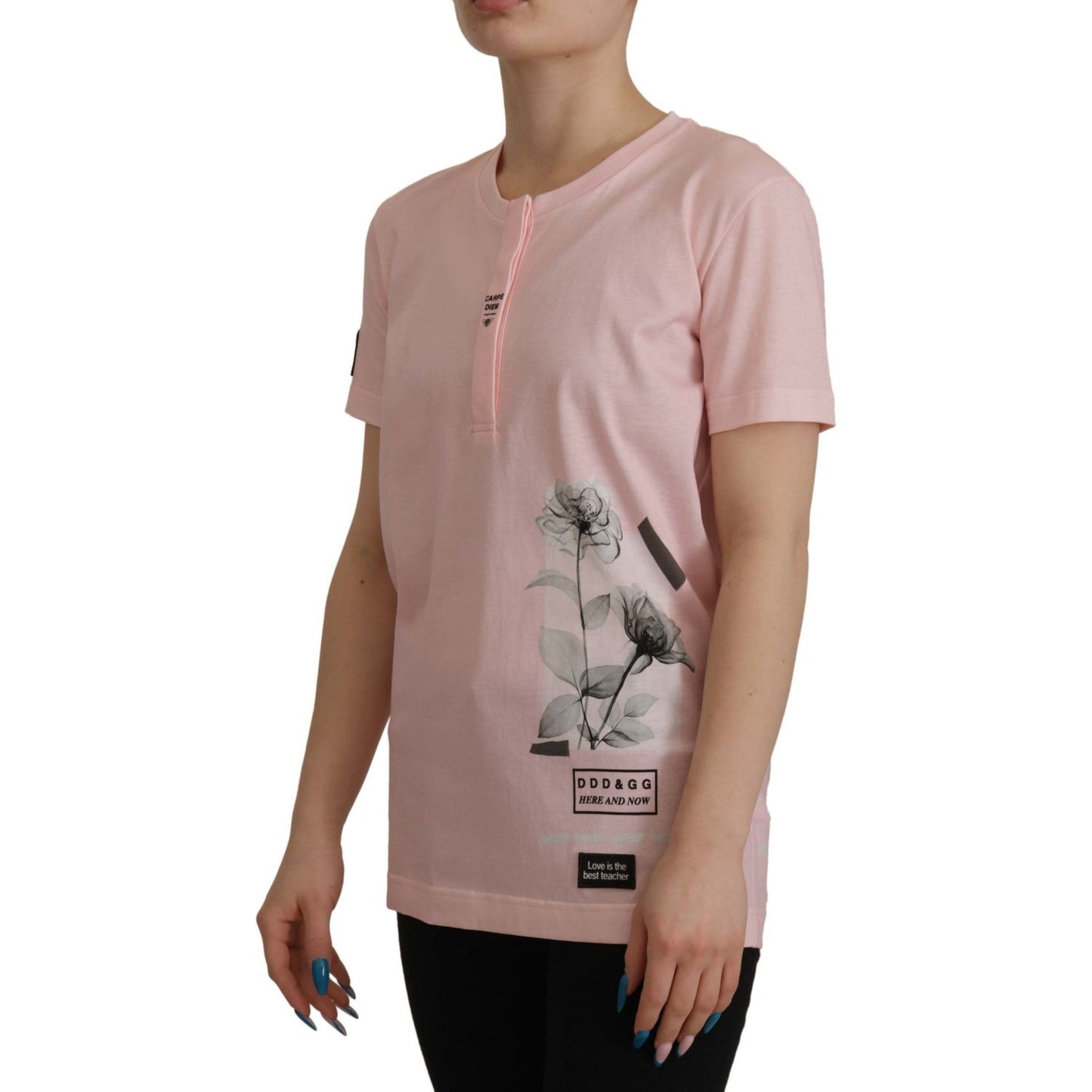 Dolce & Gabbana Floral Henley Cotton Tee in Pink pink-floral-cotton-henley-cotton-t-shirt