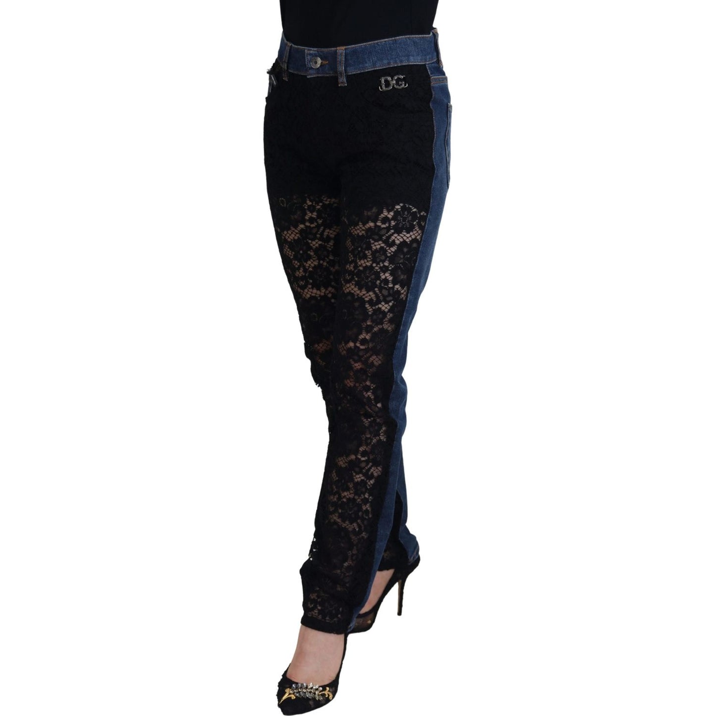Dolce & Gabbana Elegant Floral Lace Front Denim Jeans & Pants black-floral-lace-front-skinny-denim-jeans