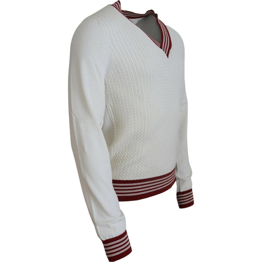 Dolce & Gabbana Off White Silk Cotton V-Neck Sweater white-red-knitted-v-neck-pullover-sweater