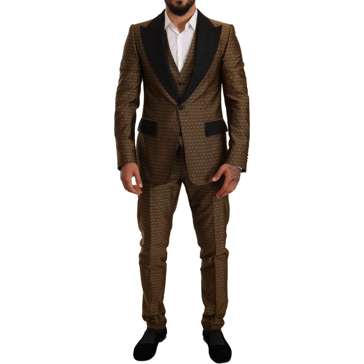 Dolce & Gabbana Elegant Yellow Patterned Three-Piece Suit black-yellow-slim-fit-3-piece-one-button-suit
