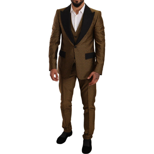 Dolce & Gabbana Elegant Yellow Patterned Three-Piece Suit black-yellow-slim-fit-3-piece-one-button-suit