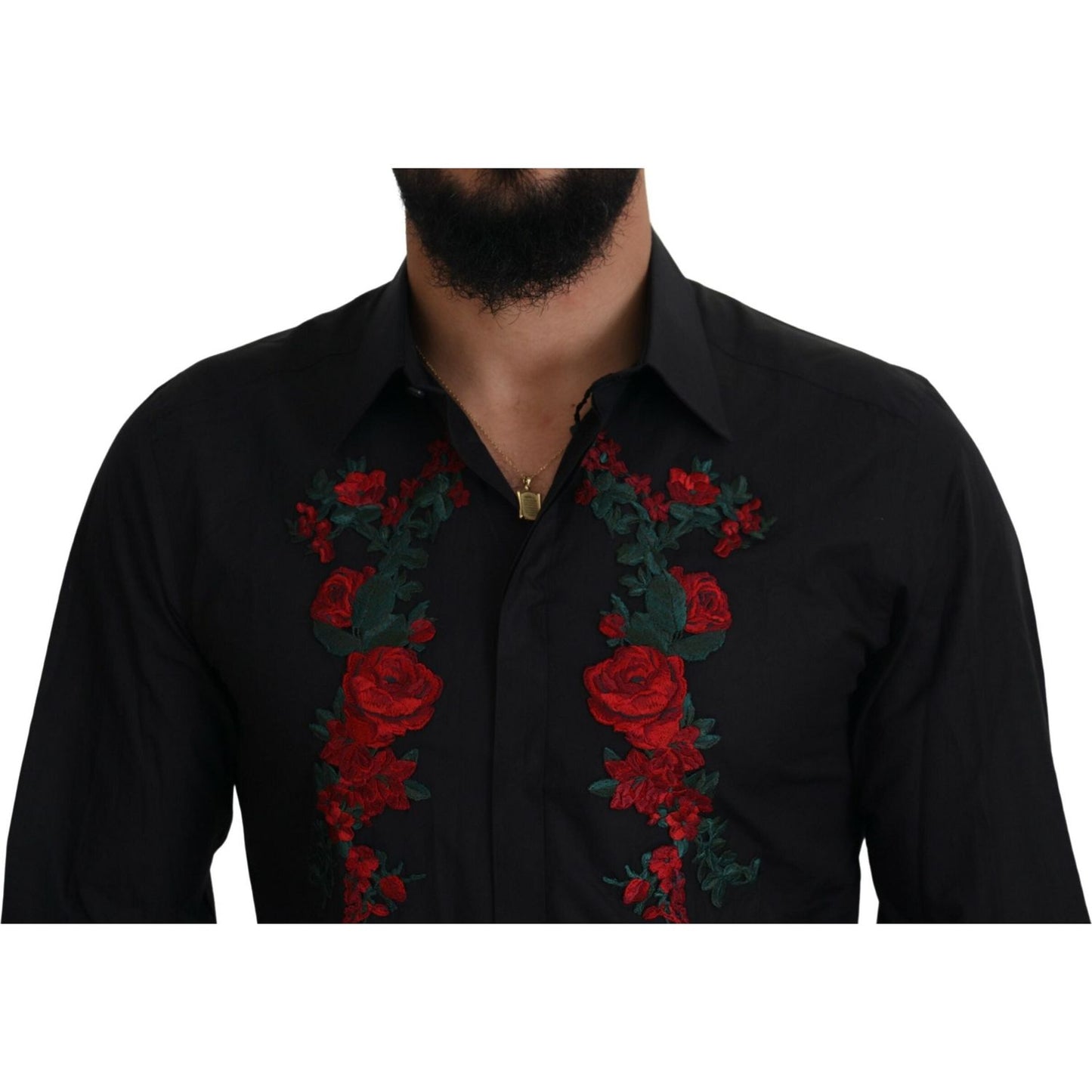 Dolce & Gabbana Elegant Floral Embroidered Cotton Shirt black-floral-embroidery-men-long-sleeves-gold-shirt