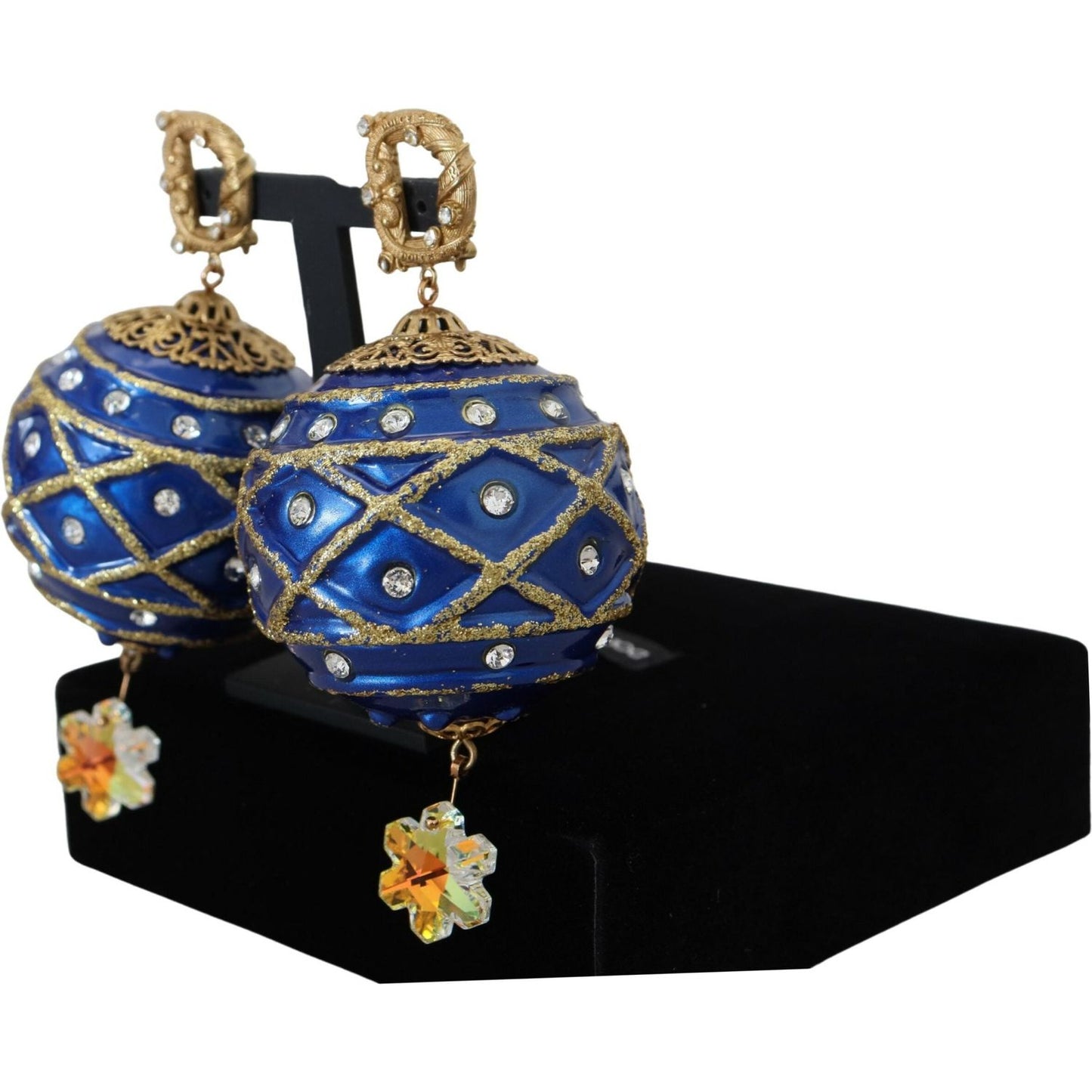 Dolce & Gabbana Elegant Dangling Crystal Christmas Ball Earrings gold-brass-blue-dangle-ball-crystal-clip-on-earrings