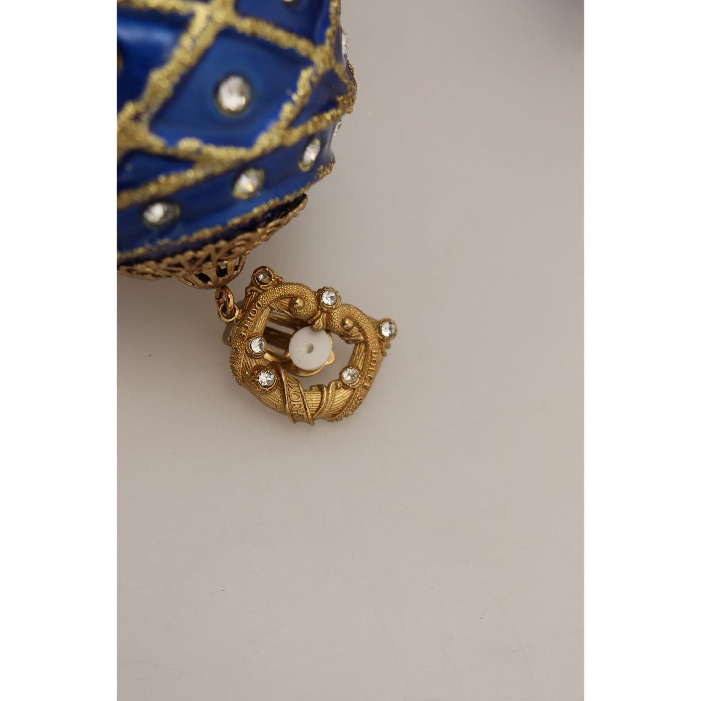 Dolce & Gabbana Elegant Dangling Crystal Christmas Ball Earrings gold-brass-blue-dangle-ball-crystal-clip-on-earrings