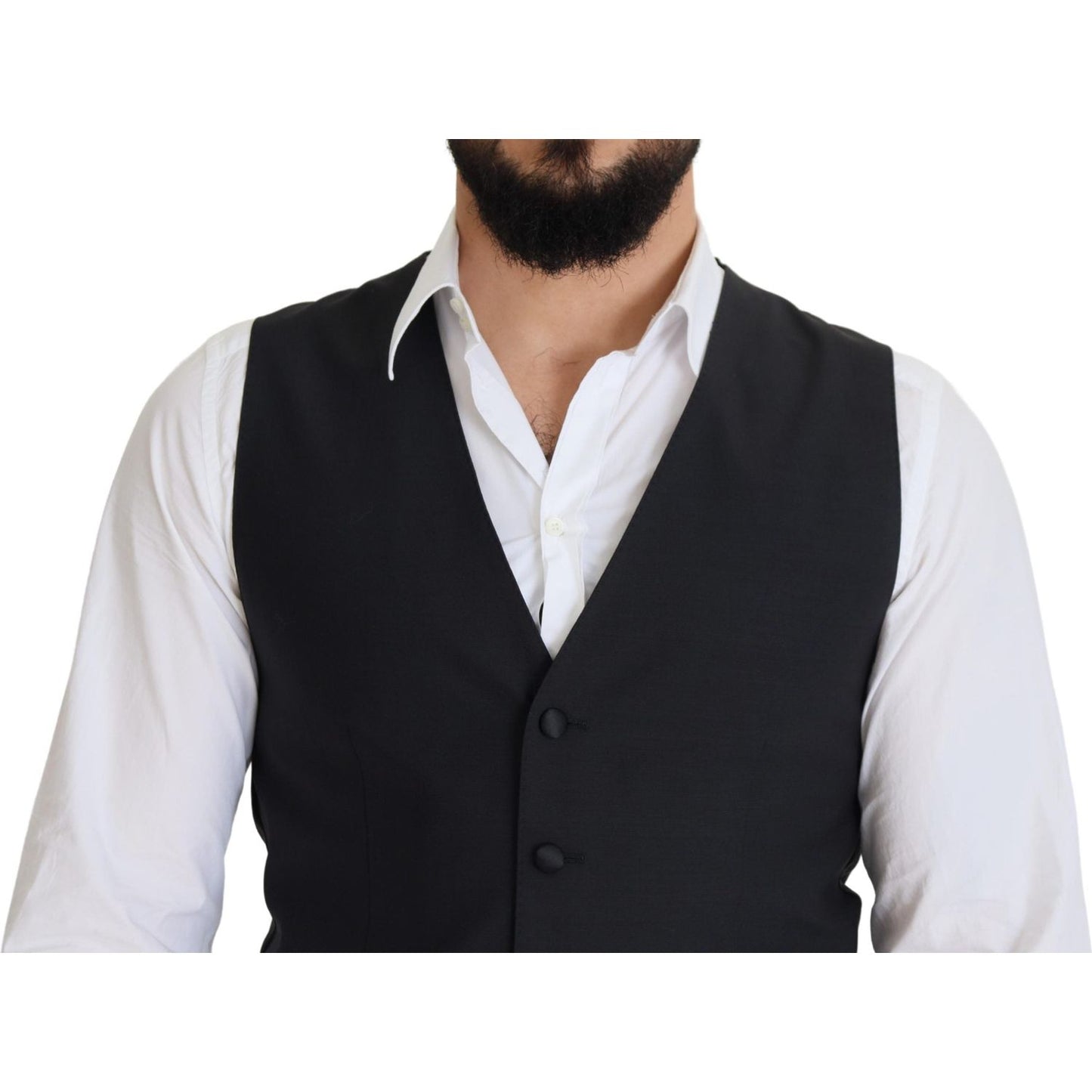 Dolce & Gabbana Elegant Black Single Breasted Dress Vest black-wool-stretch-waistcoat-formal-vest-1