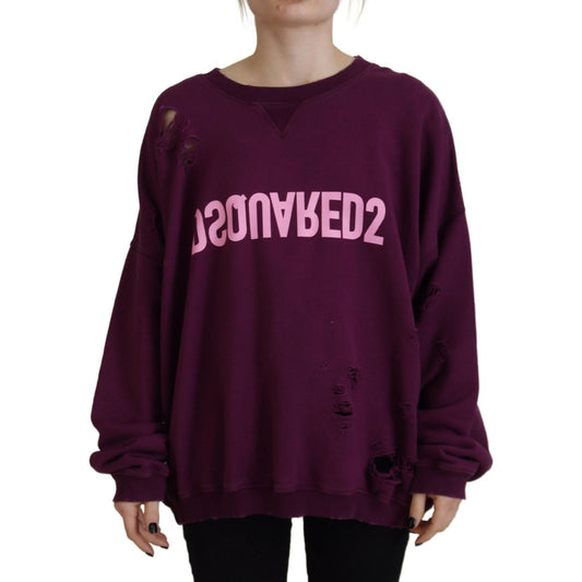 Dsquared² Purple Cotton Distressed Printed Long Sleeve Sweater purple-cotton-distressed-printed-long-sleeve-sweater