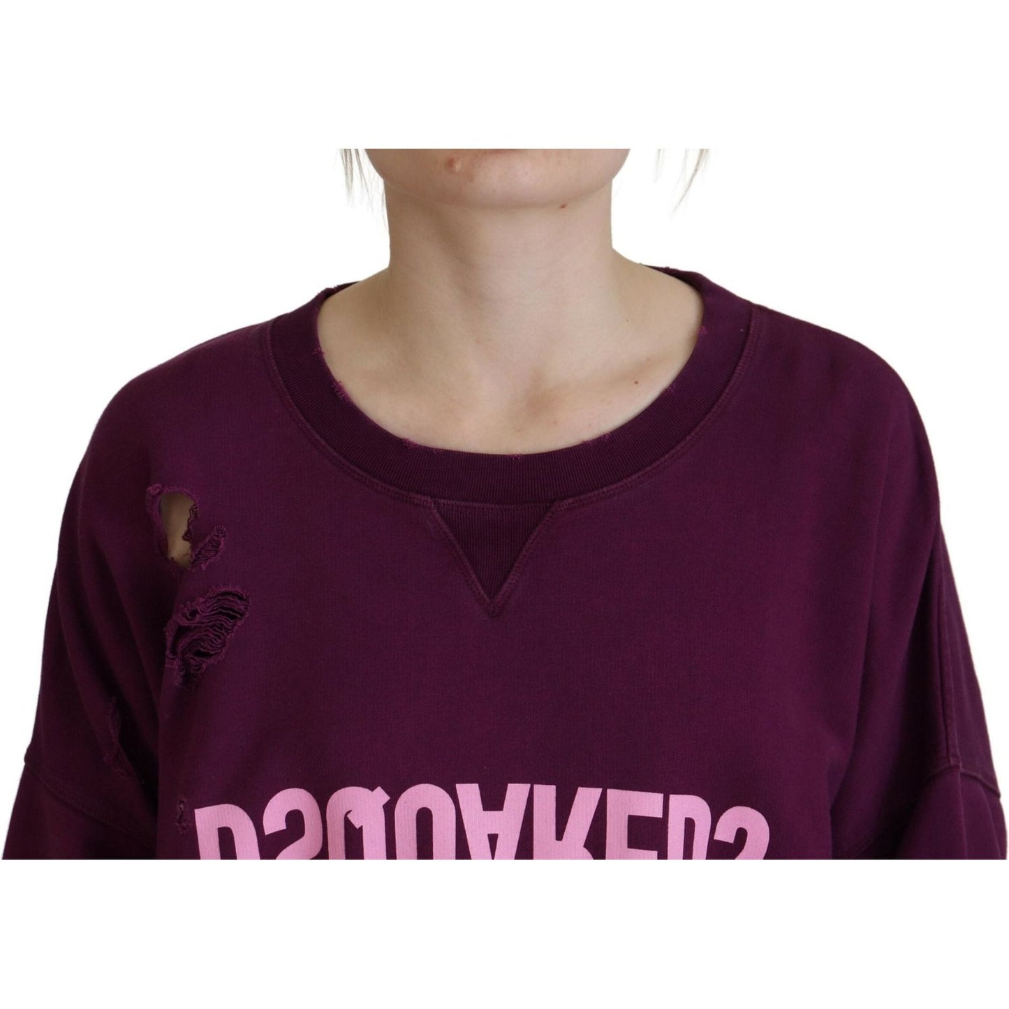 Dsquared² Purple Cotton Distressed Printed Long Sleeve Sweater purple-cotton-distressed-printed-long-sleeve-sweater