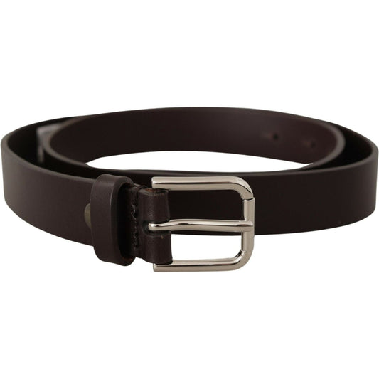 Dolce & Gabbana Elegant Leather Belt with Engraved Logo Buckle brown-plain-leather-silver-tone-buckle-belt