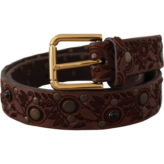 Dolce & Gabbana Elegant Leather Belt with Engraved Buckle brown-calf-leather-embossed-gold-metal-buckle
