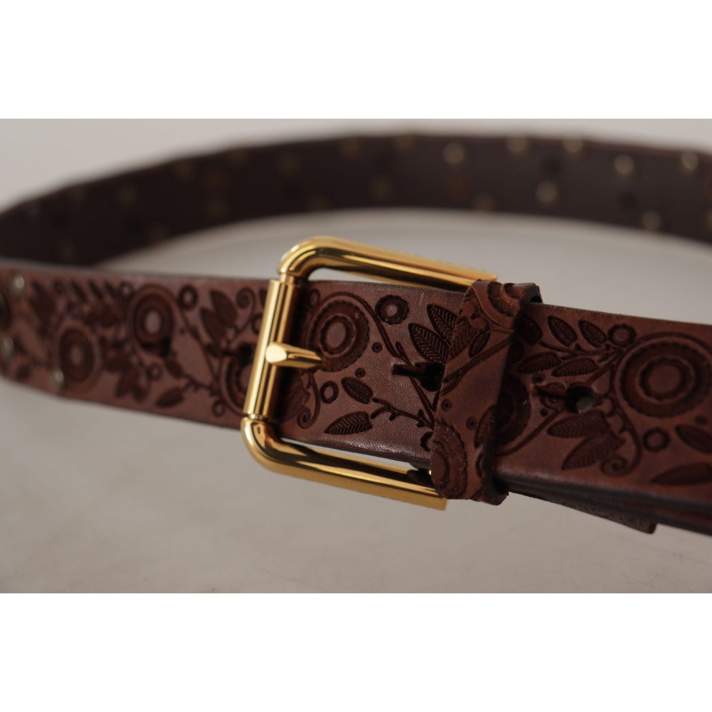 Dolce & Gabbana Elegant Leather Belt with Engraved Buckle brown-calf-leather-embossed-gold-metal-buckle
