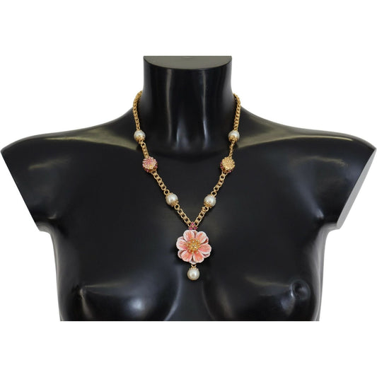 Dolce & Gabbana Elegant Floral Statement Charm Necklace gold-tone-floral-crystals-pink-embellished-necklace