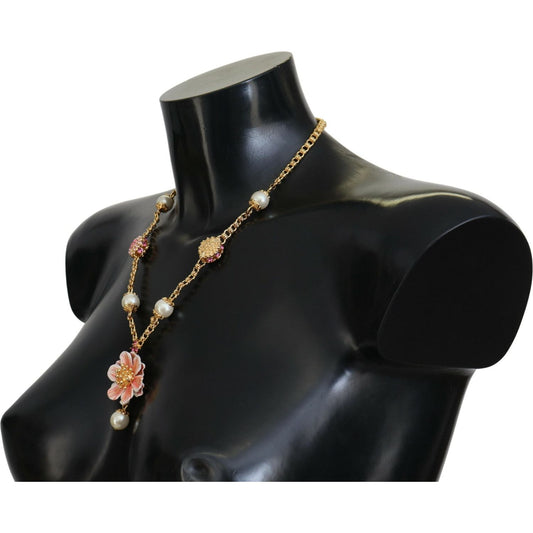 Dolce & Gabbana Elegant Floral Statement Charm Necklace gold-tone-floral-crystals-pink-embellished-necklace