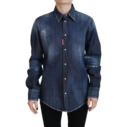 Blue Washed Cotton Button Down Collared Denim Top