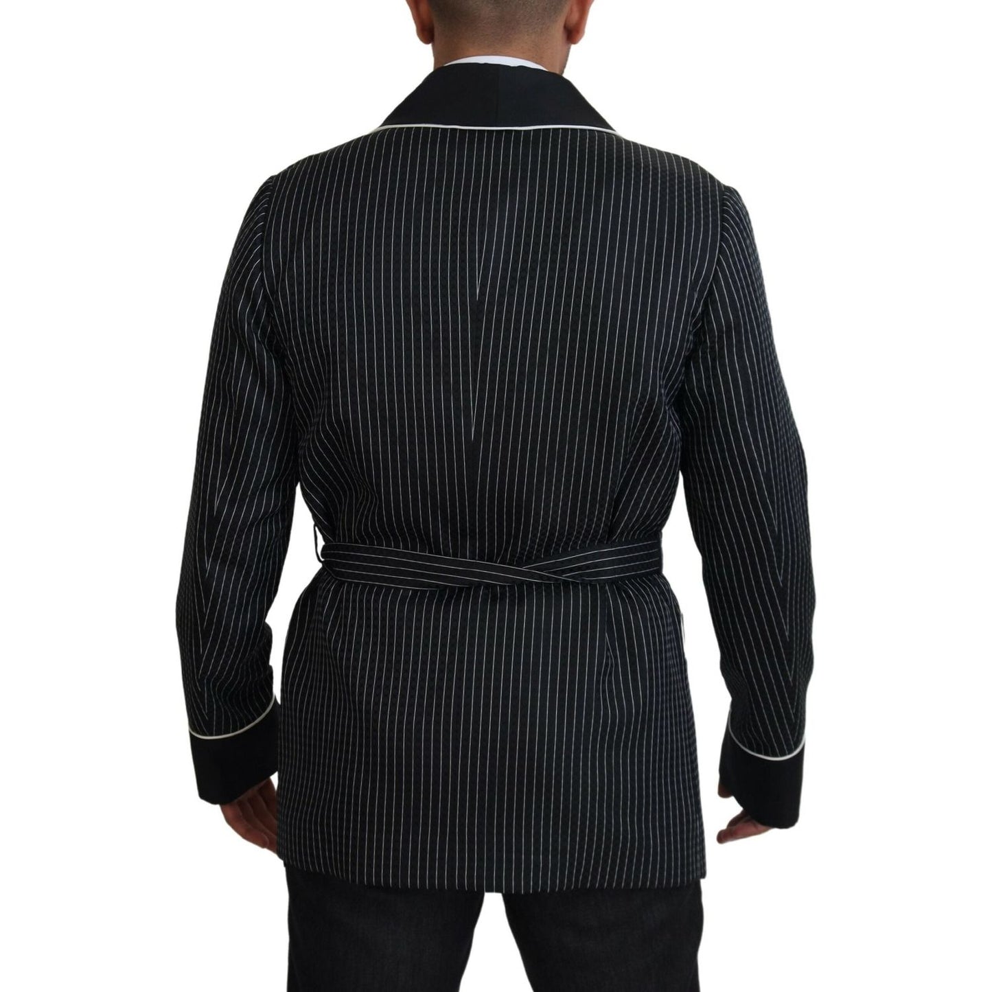 Dolce & Gabbana Elegant Silk-Lined Robe Jacket black-robe-striped-dg-patch-jacket-men-blazer