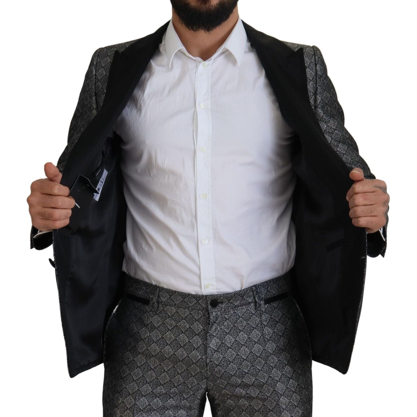 Dolce & Gabbana Elegant Silver Patterned Slim Fit Suit elegant-silver-patterned-slim-fit-suit