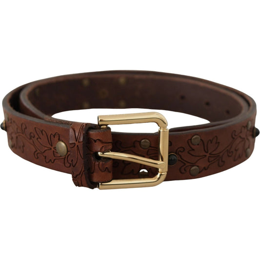 Dolce & Gabbana Elegant Leather Belt with Metal Buckle brown-leather-floral-studded-metal-buckle-belt IMG_7332-scaled-7b213112-680.jpg