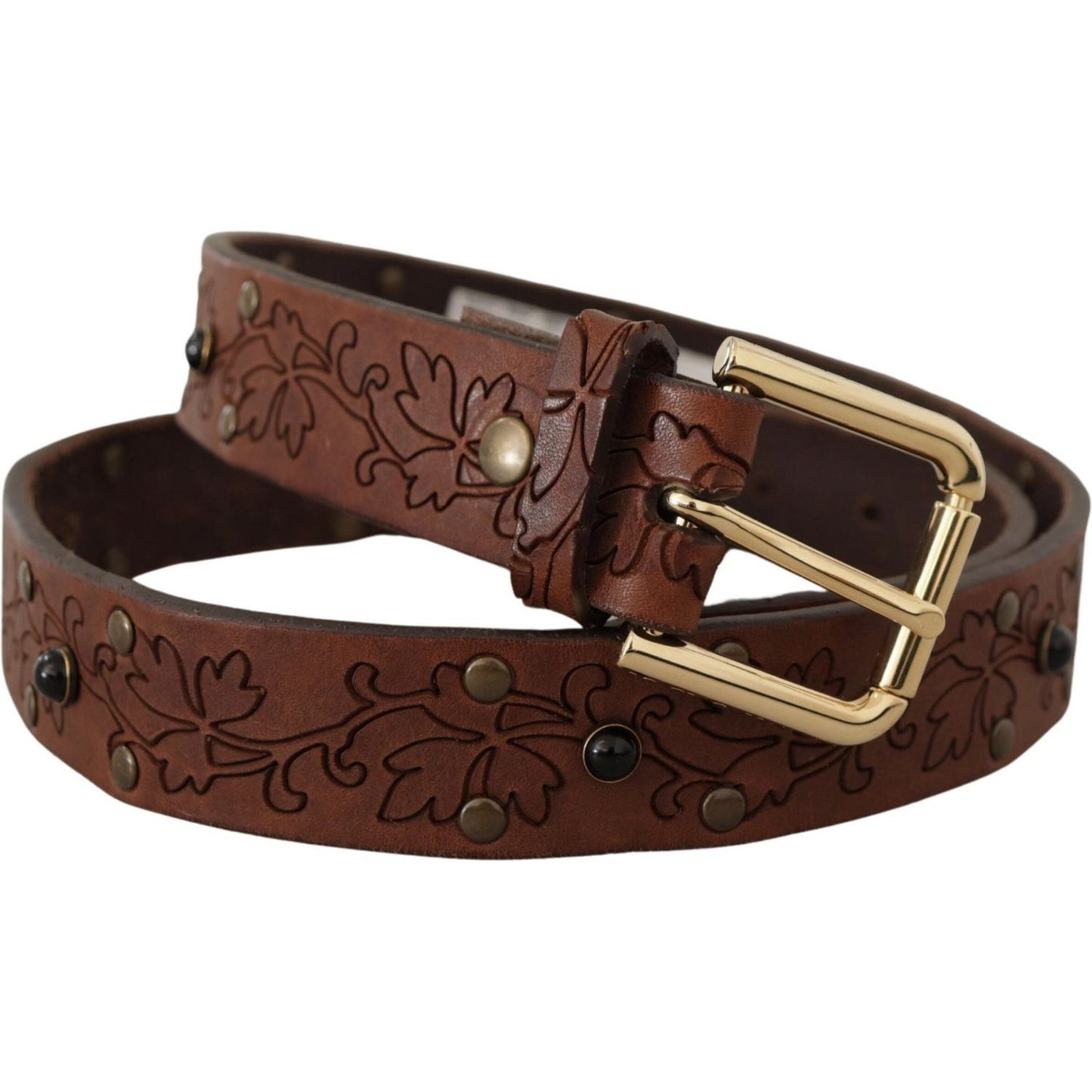 Dolce & Gabbana Elegant Leather Belt with Metal Buckle brown-leather-floral-studded-metal-buckle-belt