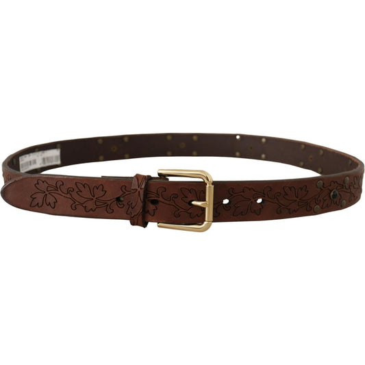 Dolce & Gabbana Elegant Leather Belt with Metal Buckle brown-leather-floral-studded-metal-buckle-belt