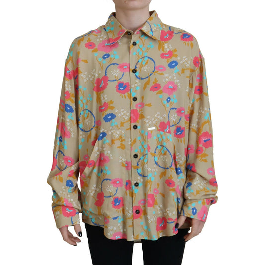 Beige Floral Collared Button Down Long Sleeves Shirt