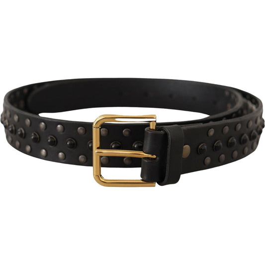 Dolce & Gabbana Elegant Leather Belt with Logo Engraved Buckle black-leather-studded-gold-tone-metal-buckle-belt