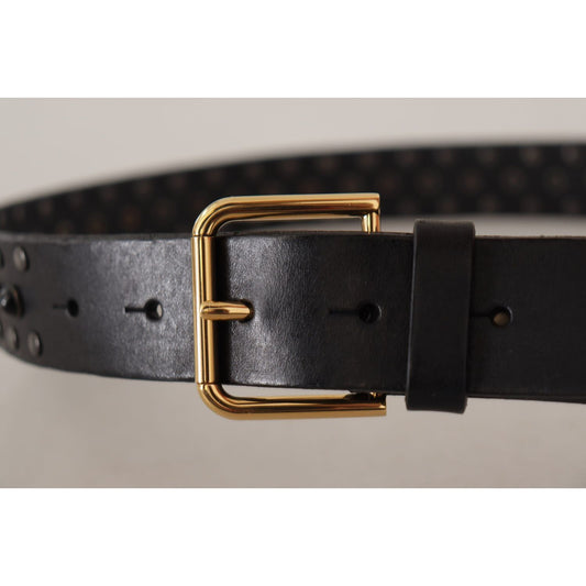 Dolce & Gabbana Elegant Leather Belt with Logo Engraved Buckle black-leather-studded-gold-tone-metal-buckle-belt