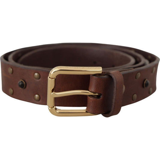 Dolce & Gabbana Elegant Leather Belt with Metal Buckle brown-leather-studded-gold-tone-metal-buckle-belt
