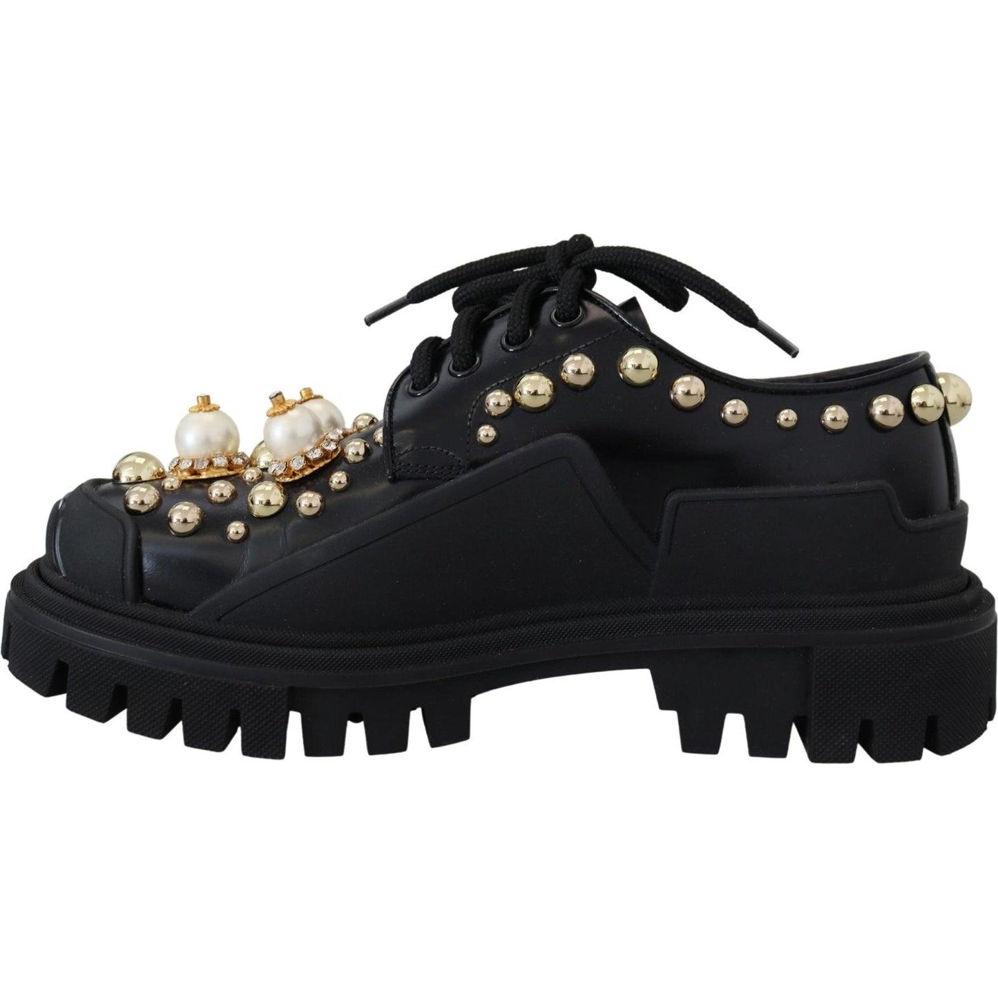 Dolce & Gabbana Timeless Black Leather Derby Flats with Glam Accents black-leather-trekking-derby-embellished-shoes