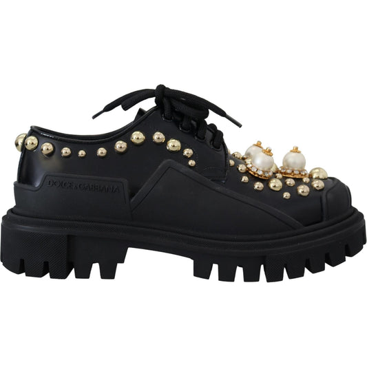 Dolce & Gabbana | Timeless Black Leather Derby Flats with Glam Accents| McRichard Designer Brands   