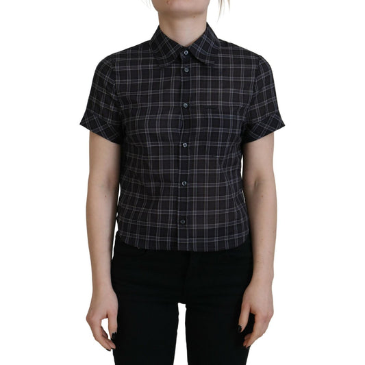 Black Checkered Collared Button Short Sleeves Top
