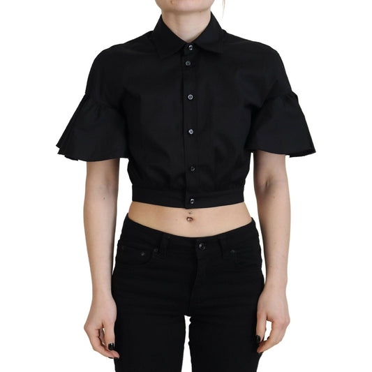 Black Collared Button Down Short Sleeve Cropped Top