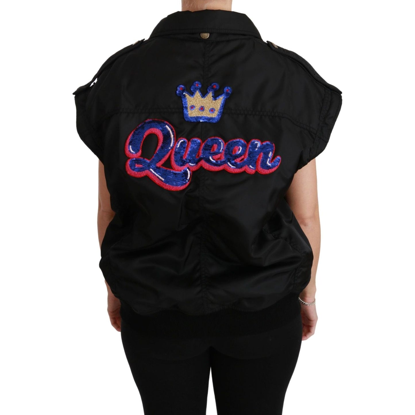 Dolce & Gabbana Elegant Black Bomber Jacket with Detachable Features Coats & Jackets black-queen-crown-sequined-bomber-jacket