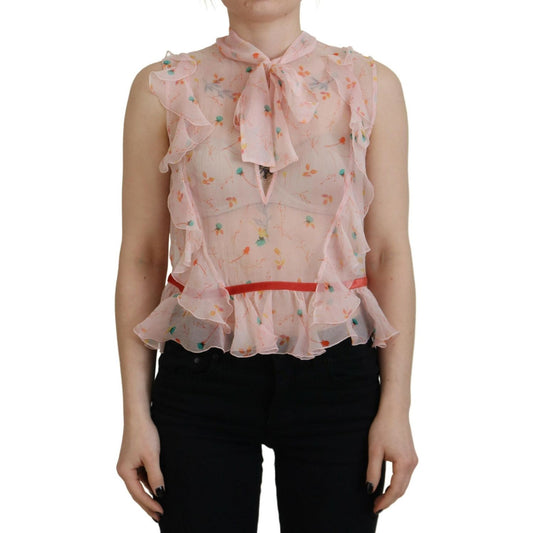 Dsquared² Pink Floral Print Silk Sleeveless Ascot Collar Top pink-floral-print-silk-sleeveless-ascot-collar-top